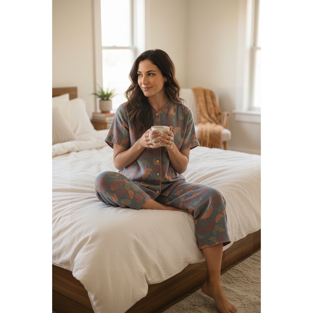 Pajama Set Women XS/S Excellent  Cotton Gauze 2PC Botanical Print Cottagecore